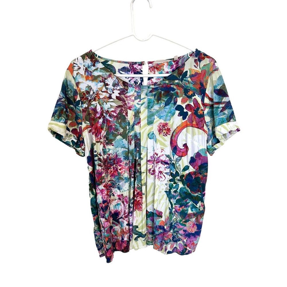 Soft Surroundings Womens Floral Print Top Short Sleeve Lightweight Large Scoop